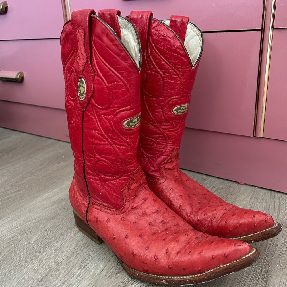 White diamond red ostrich leather cowgirl boots